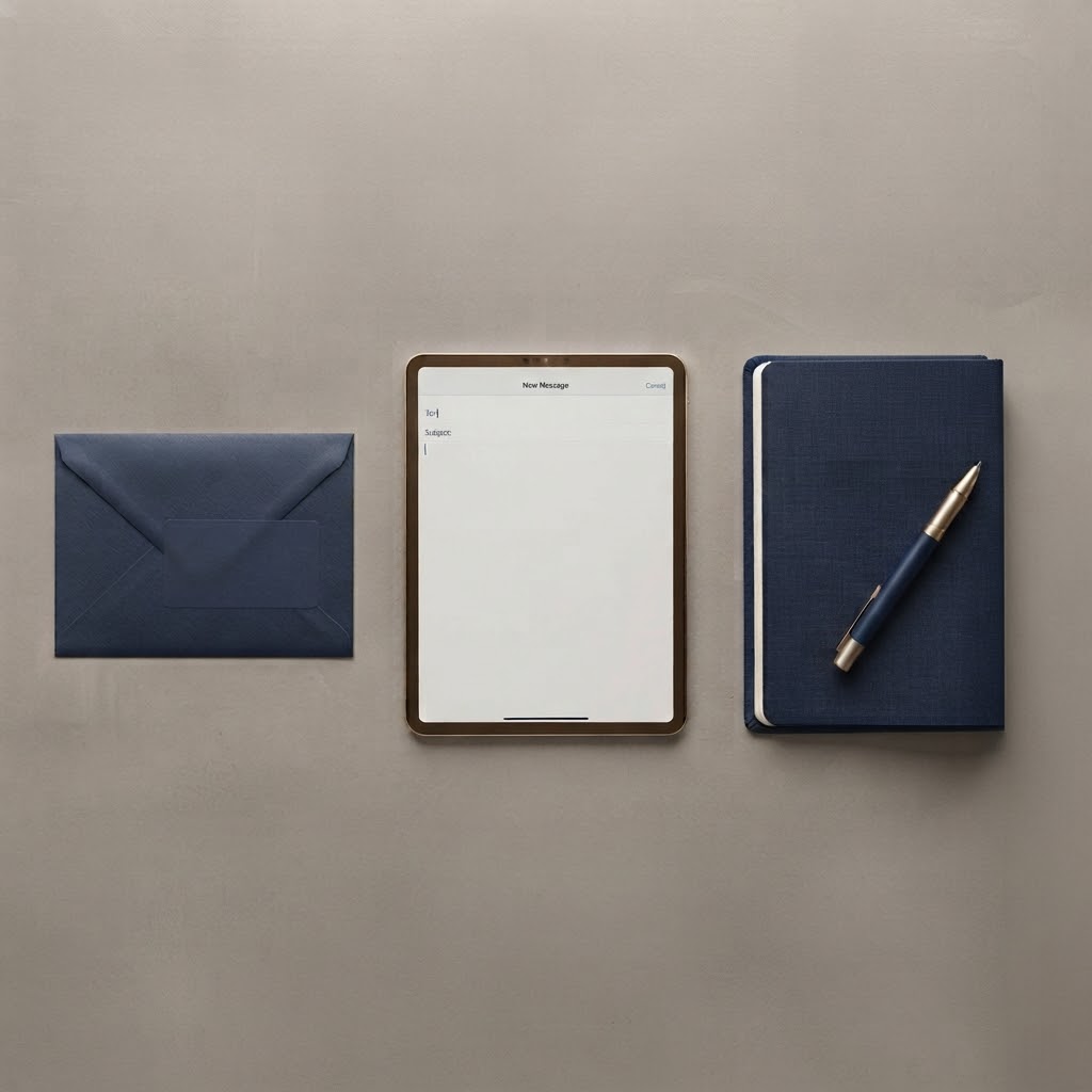 A sealed envelope, a tablet open to a new email message, and a notebook with a pen, representing ways to get in touch