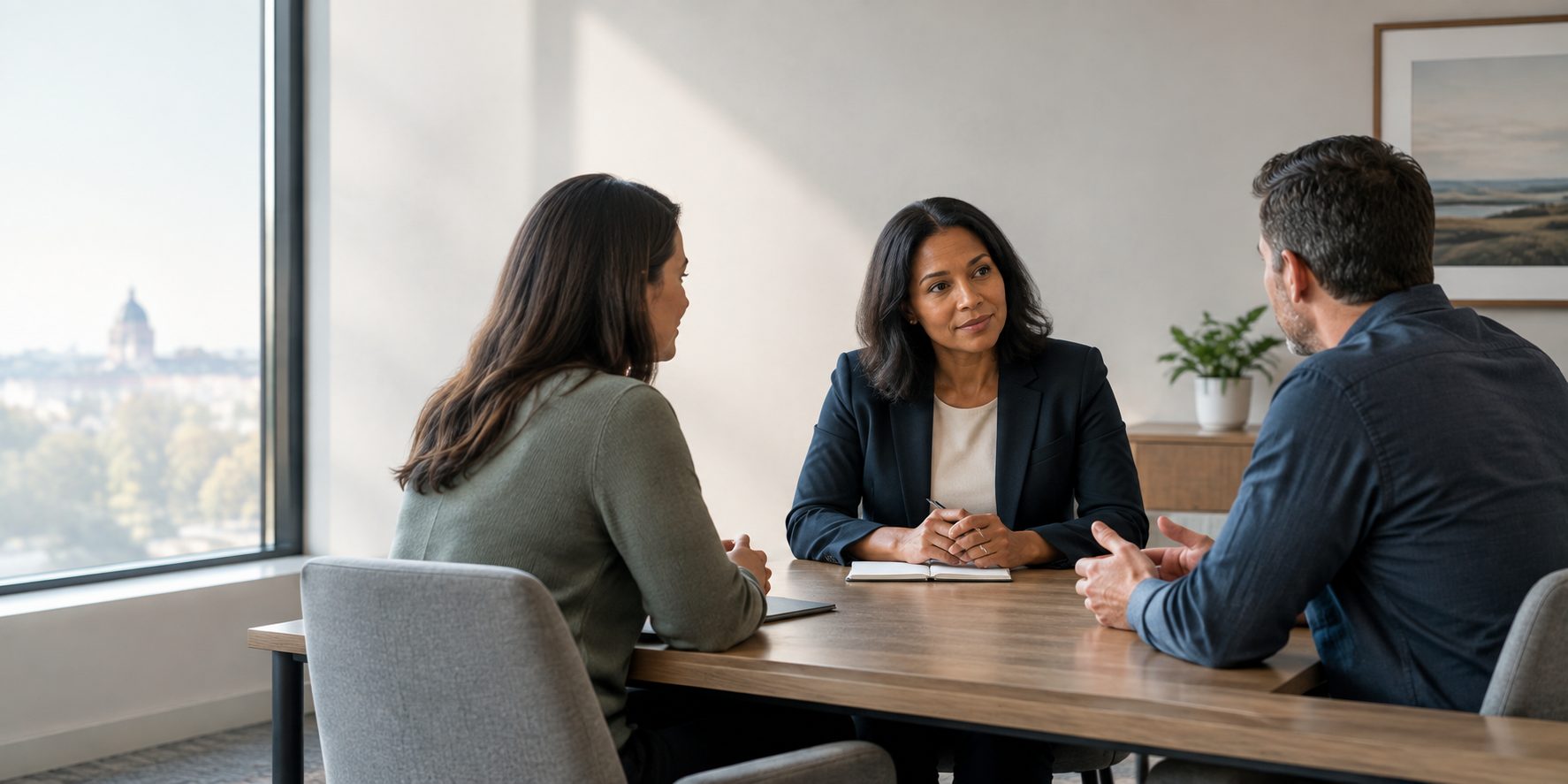 A mediator sits at a table with two participants during a mediation session, with a city skyline visible through the window