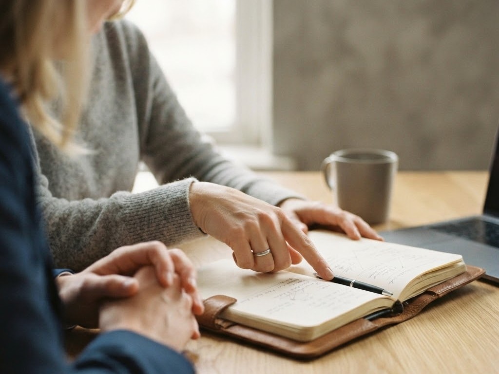 Two people reviewing handwritten notes in a journal together during a mediation conversation