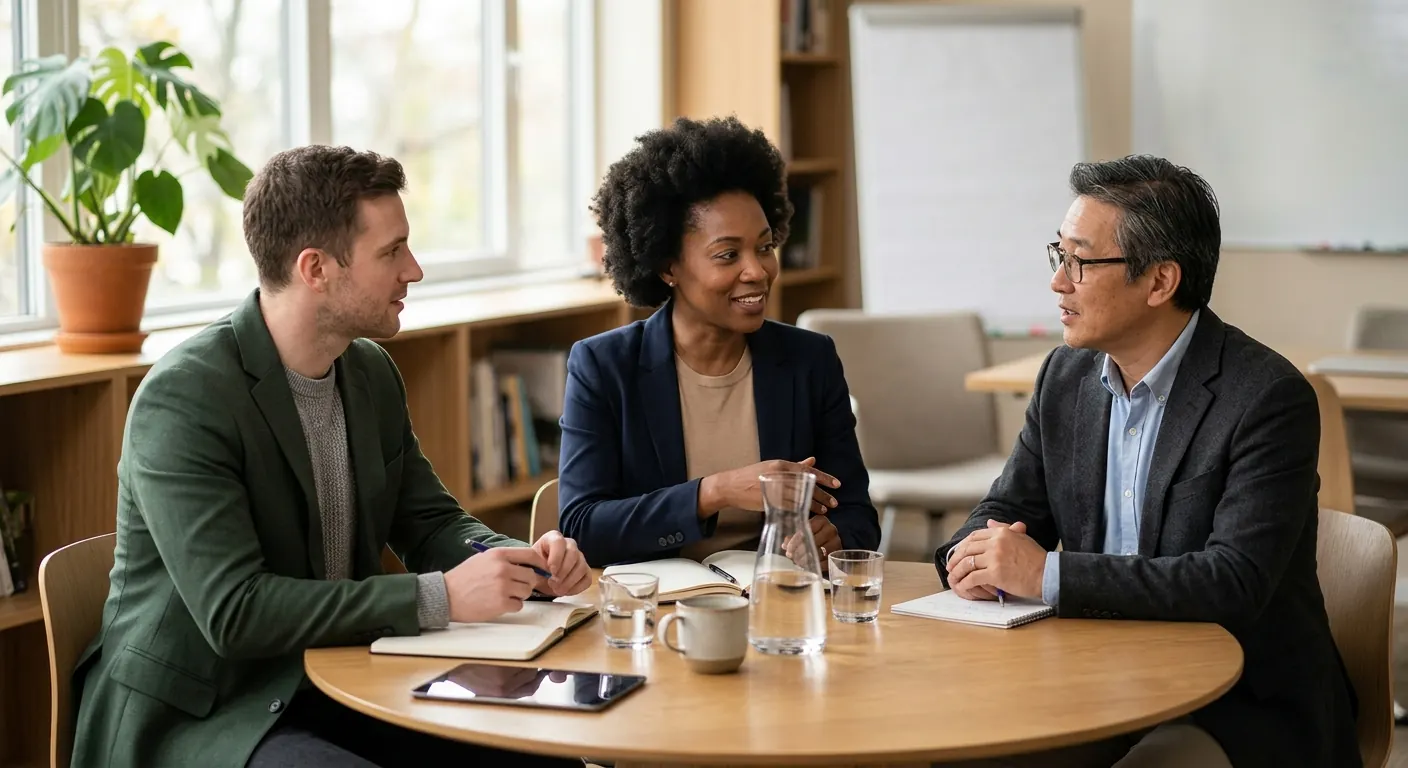 Three people in a discussion around a table, representing the range of disputes Meridian mediates